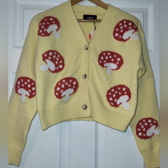 Cider Sweaters - CIDER Red Mushroom Yellow Cardigan Size Small Soft Fluffy NWT Cottagecore